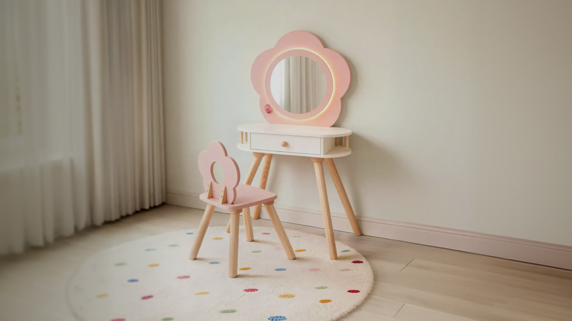 AI-generated design of children's furniture: a white vanity table and a pink flower-shaped chair in a bright interior for the Junion brand.