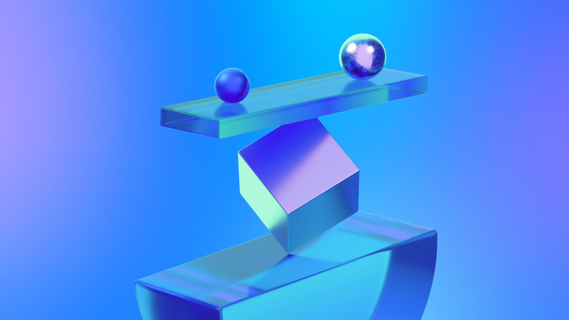 3D composition for VK Content Day: glass geometric shapes and spheres symbolizing balance, set in the brand’s signature blue-violet gradients.