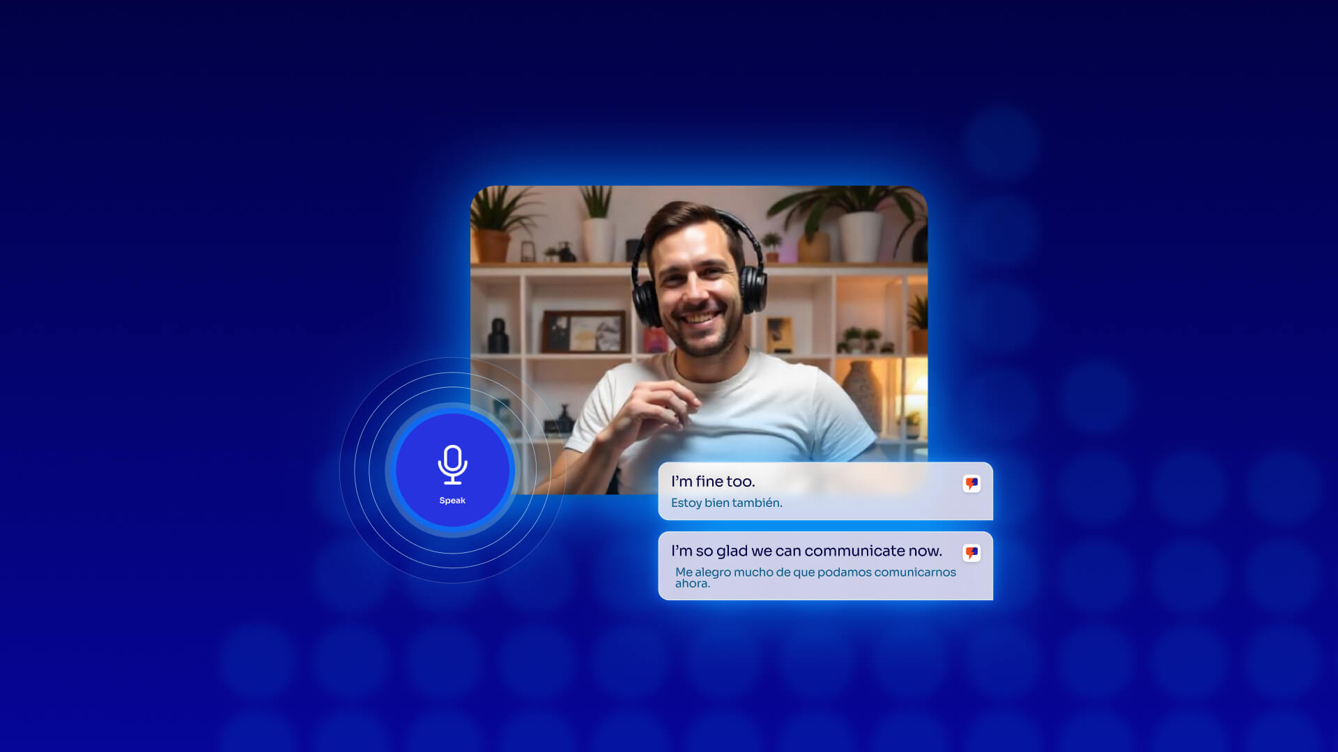 Palabra service interface: a video call with a man wearing headphones and pop-up windows translating speech on a blue background.