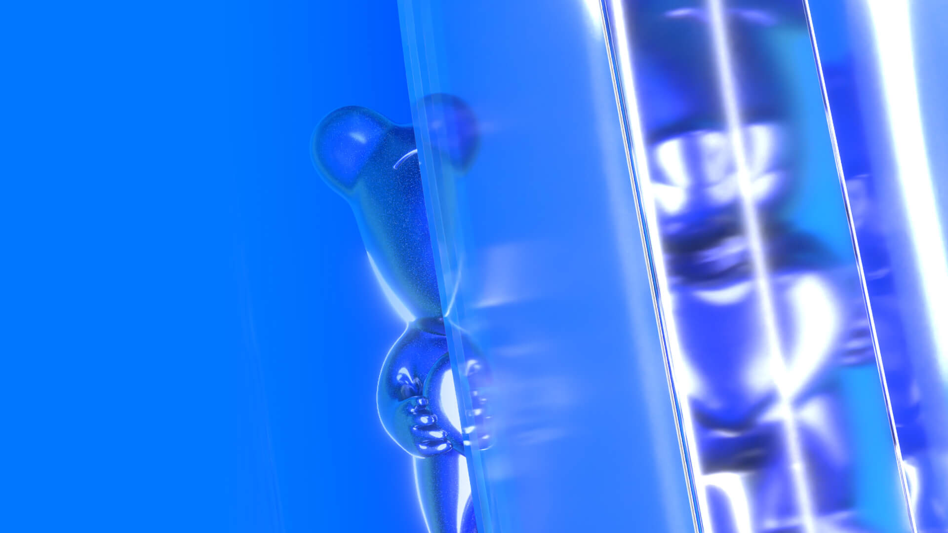 Abstract 3D graphics for VK People Awards: a character figure seen through refracting glass facets in vivid blue tones.